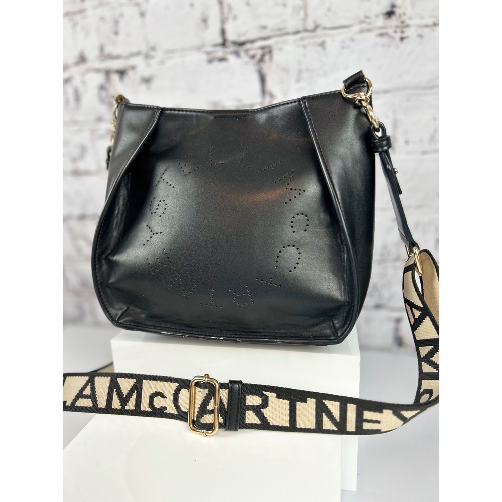 Stella McCartney Black Shoulder Bag Logo Perforated Strap Gold Hardware - Picture 2 of 14